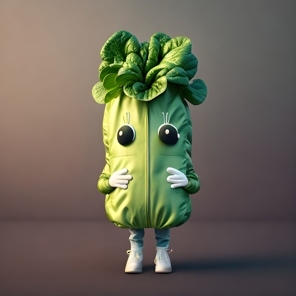 Green anthropomorphic vegetable with big eyes, leafy hair, and white sneakers