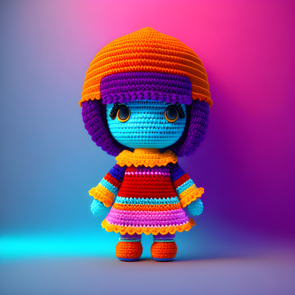 Colorful Crochet-Style Animated Character on Gradient Background