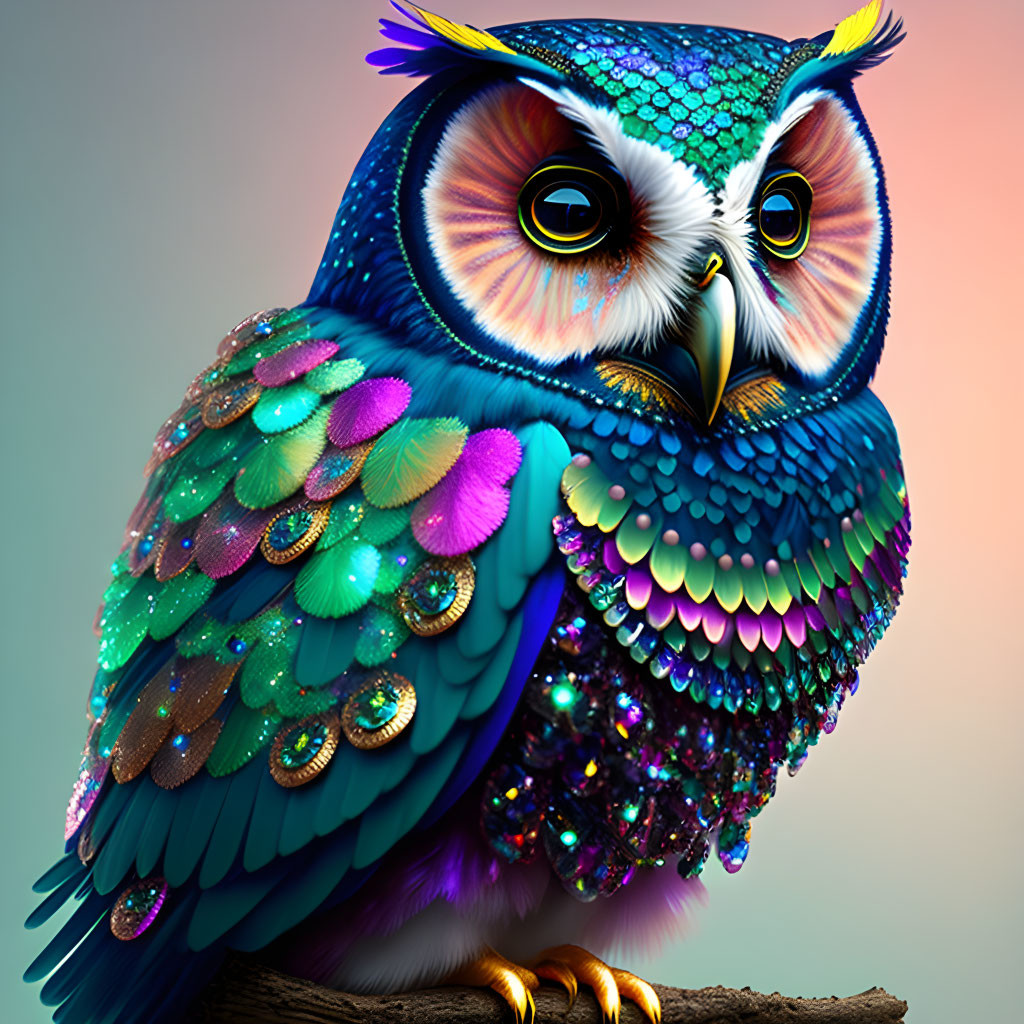Colorful Owl Artwork with Jewels and Yellow Eyes Perched on Branch