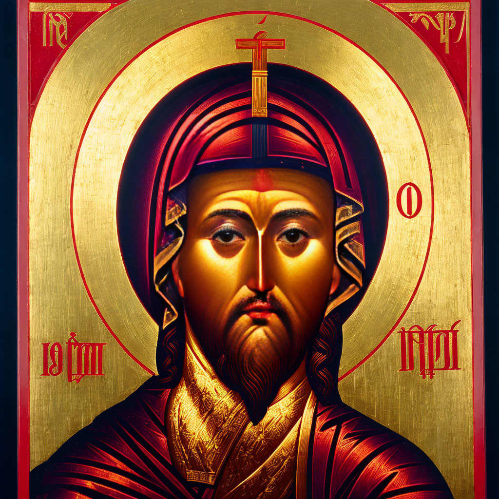 Religious icon with haloed figure in red robes and Cyrillic script on gold background
