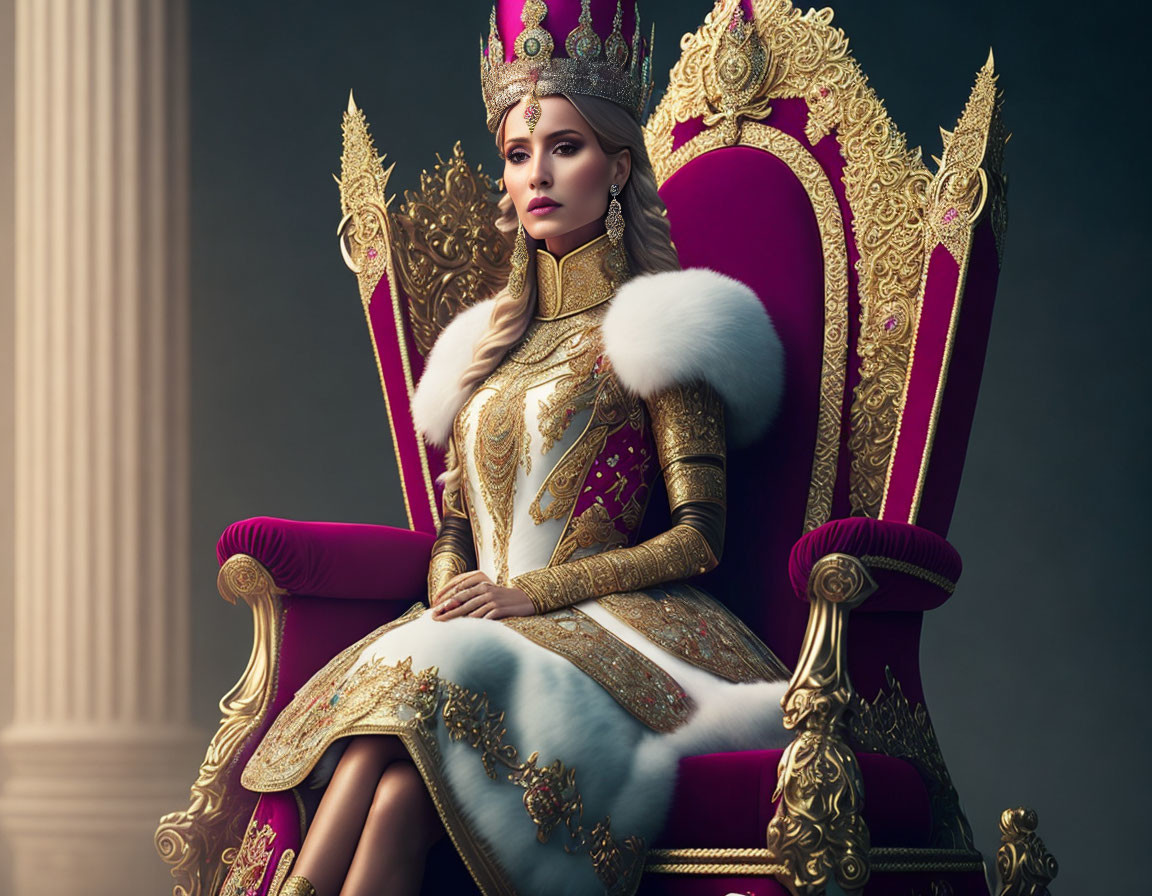 Regal woman in golden crown and luxurious robe on purple throne