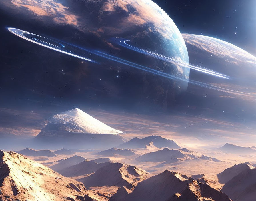Surreal sci-fi landscape with desert, mountains, ringed planets, and comet