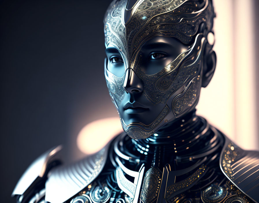 Detailed Close-Up of Ornate Robotic Face with Futuristic Knight Patterns