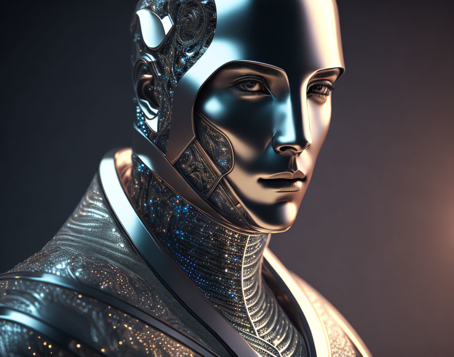 Detailed close-up of humanoid robot with silver and gold metallic skin patterns on dark background
