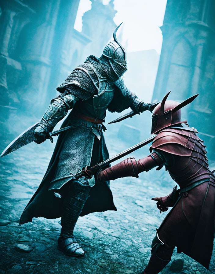 Armored knights sword fighting in misty gothic setting