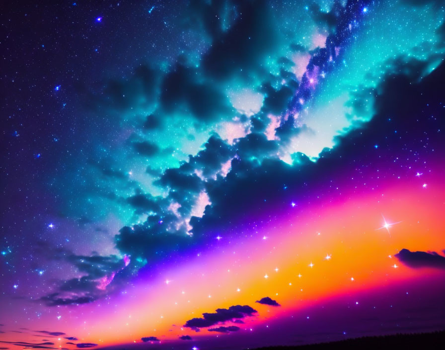 Colorful Cosmic Night Sky with Silhouetted Horizon