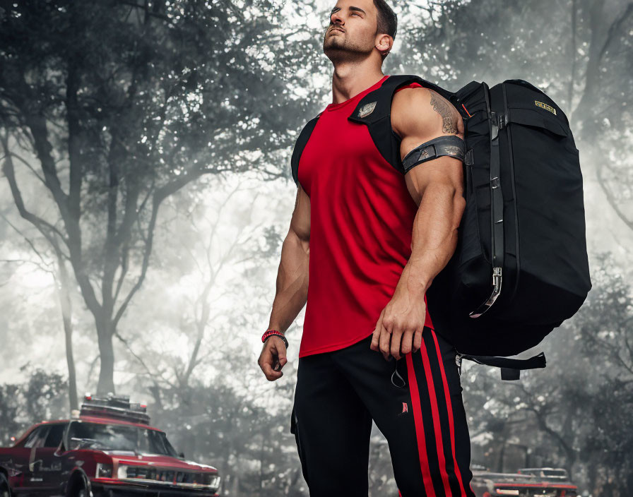 Muscular man in athletic wear with weighted backpack in misty forest clearing