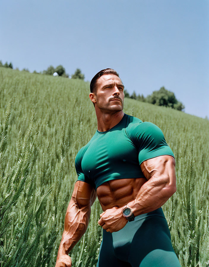 Muscular person in green field wearing tight t-shirt and watch under clear sky