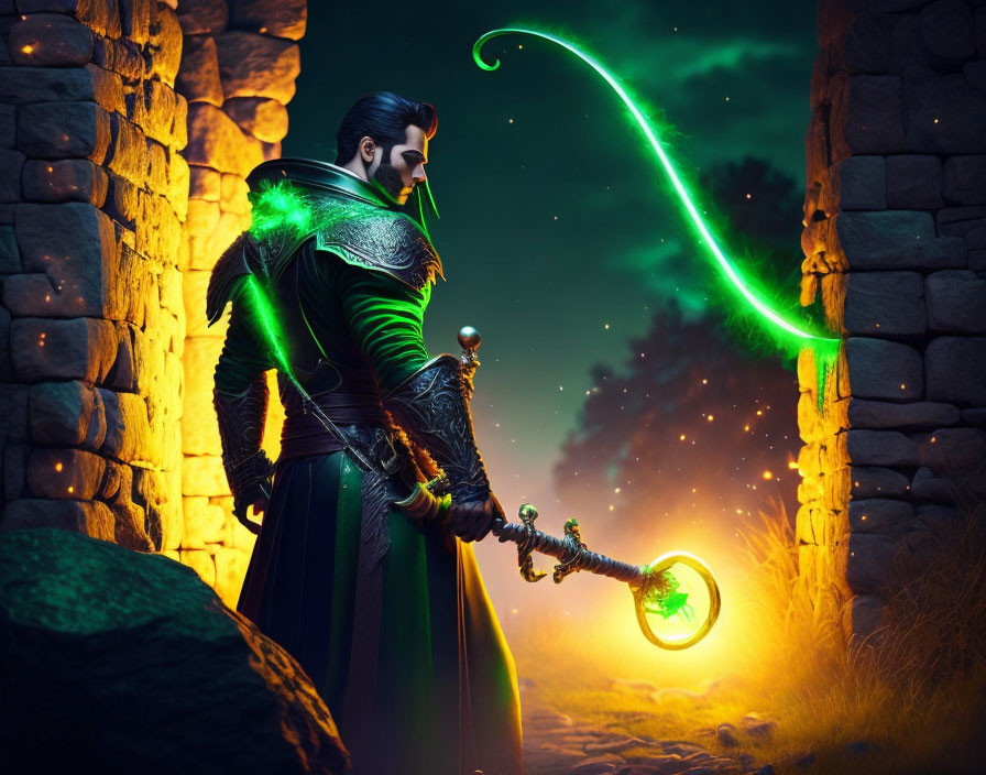 Mysterious sorcerer in dark outfit with swirling green energy staff