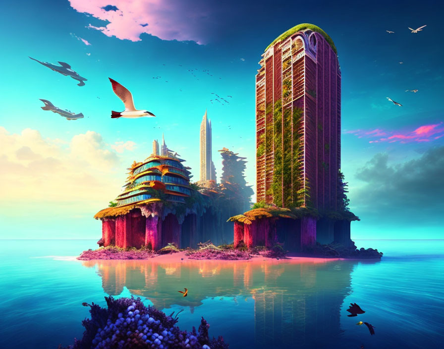 Surreal landscape with futuristic buildings and lush greenery