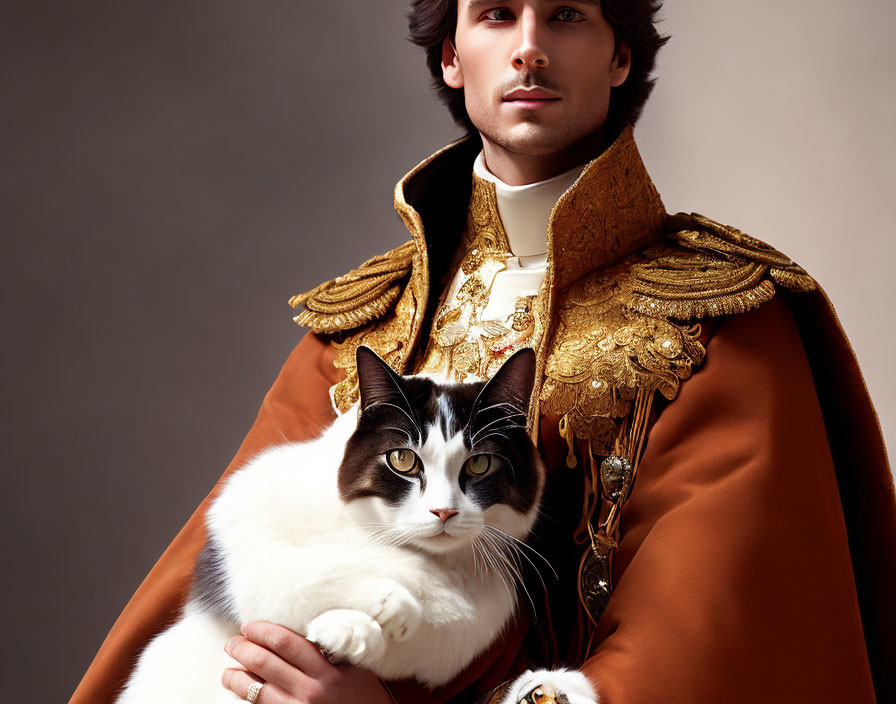 Royal man holding black and white cat in gold-embroidered outfit
