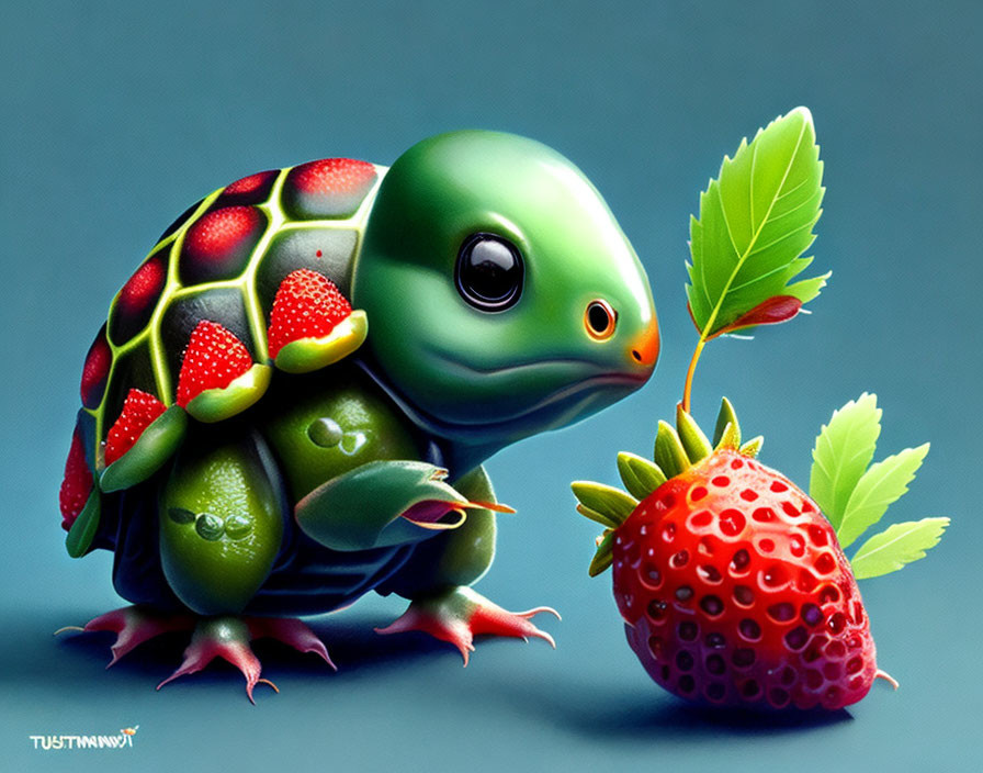 Whimsical creature with frog and turtle features near a large strawberry