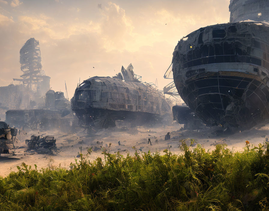 Desolate post-apocalyptic landscape with ruins and spacecraft.