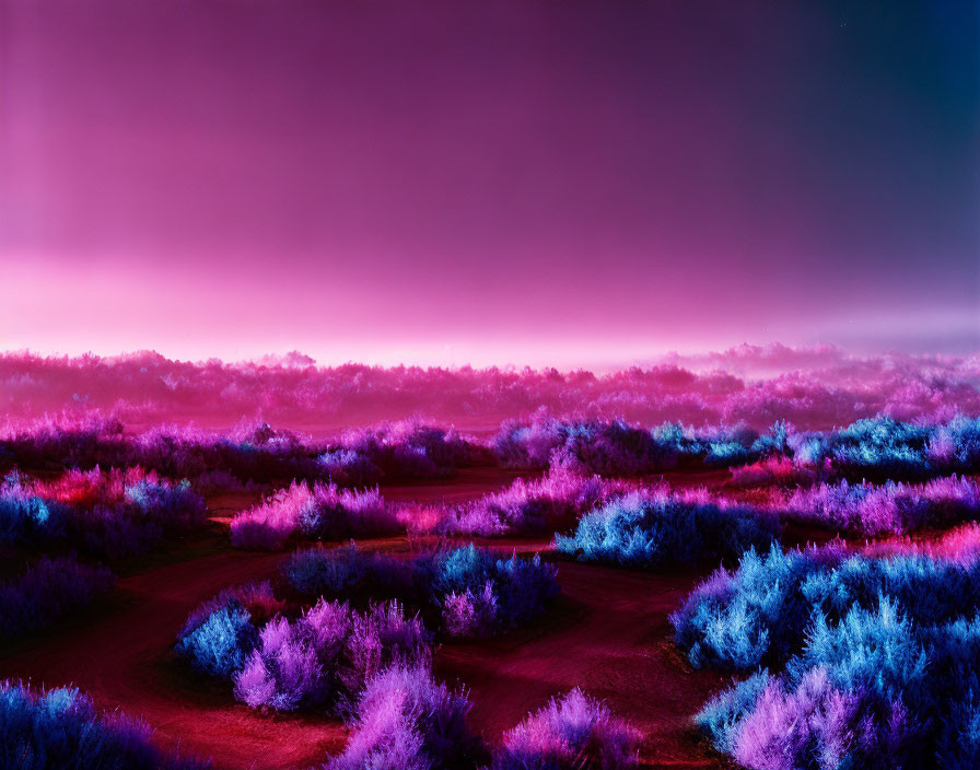 Surreal purple sky over blue and pink foliage landscape