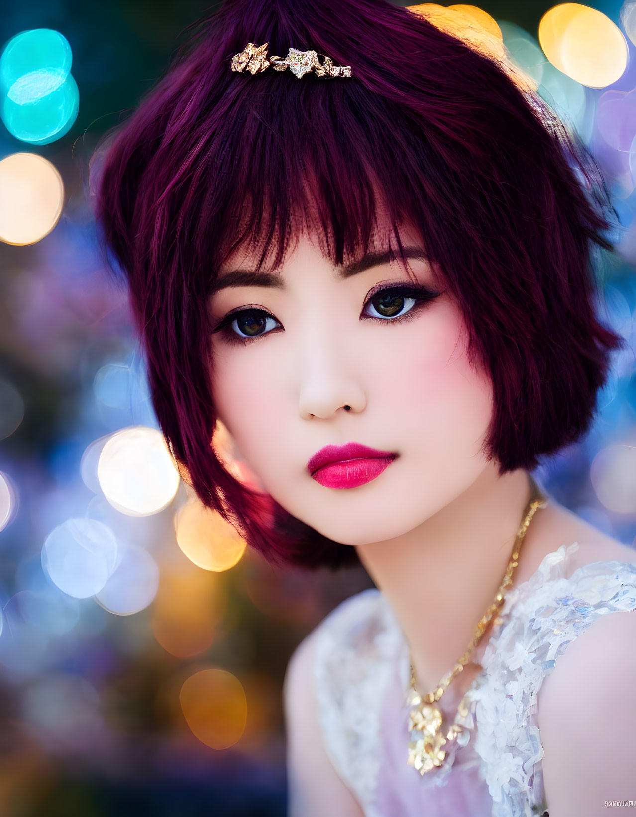 Short Purple-Haired Woman with Gold Necklace and Hair Clip in Bokeh Lights