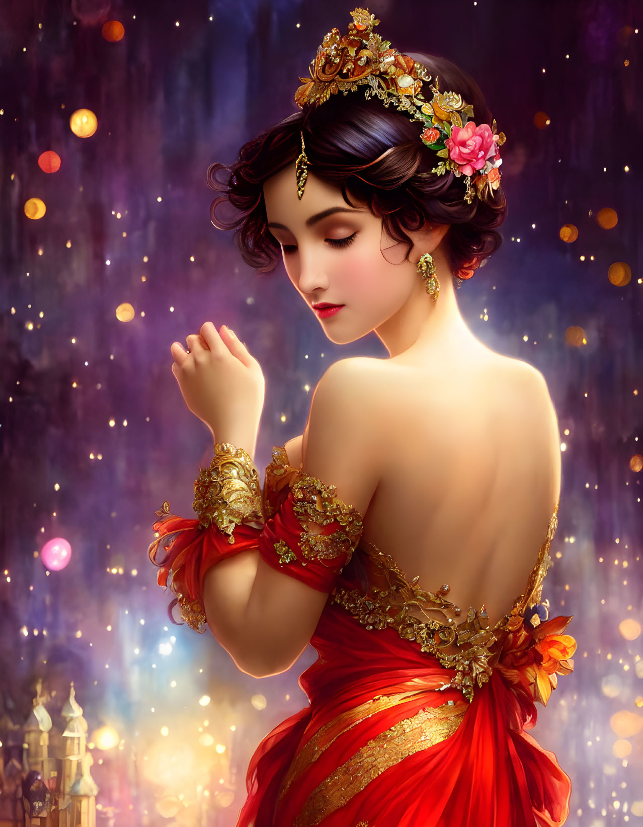 Ethereal woman in red dress with floral crown against bokeh backdrop