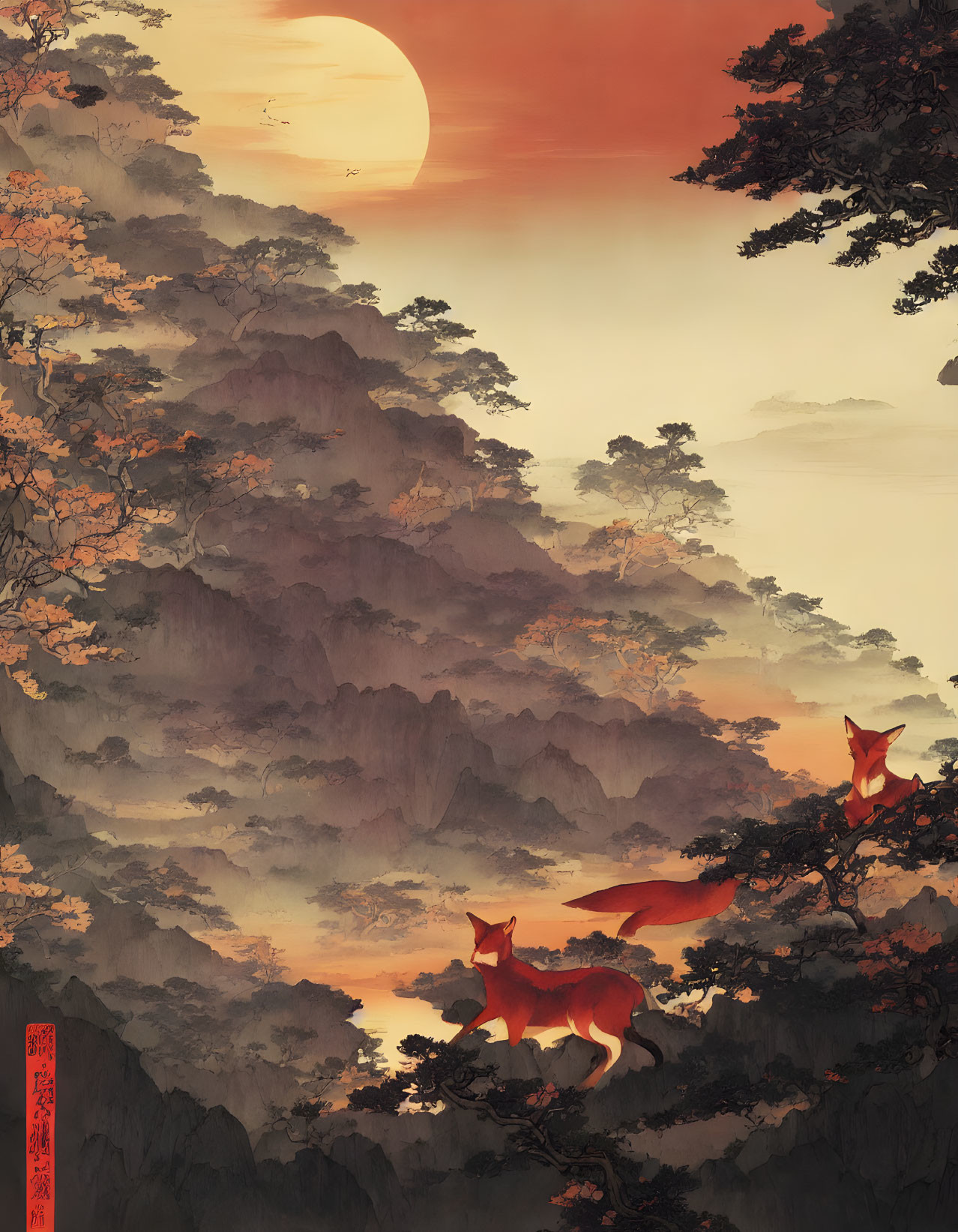 Traditional Asian-style painting: Red sun setting over misty mountains, silhouetted trees, and