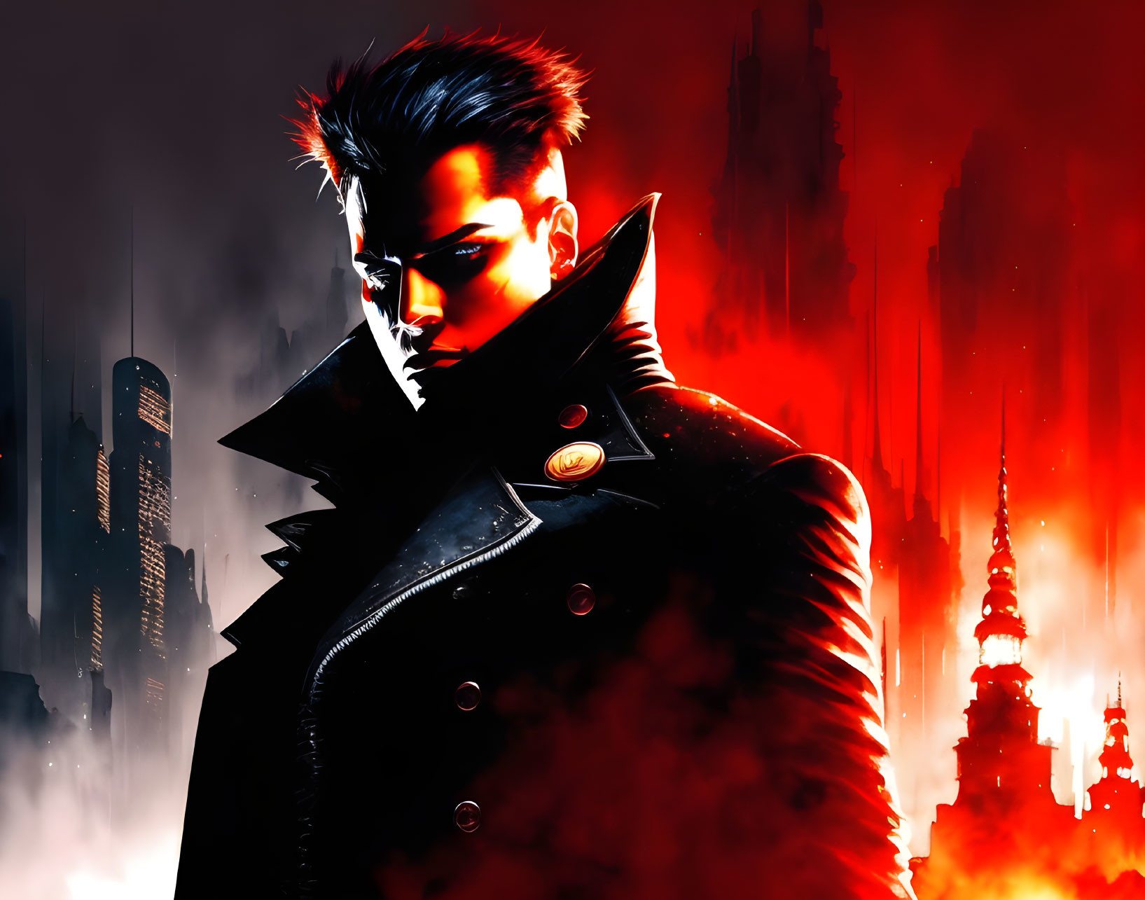 Dark, brooding superhero with spiky hair in fiery cityscape.