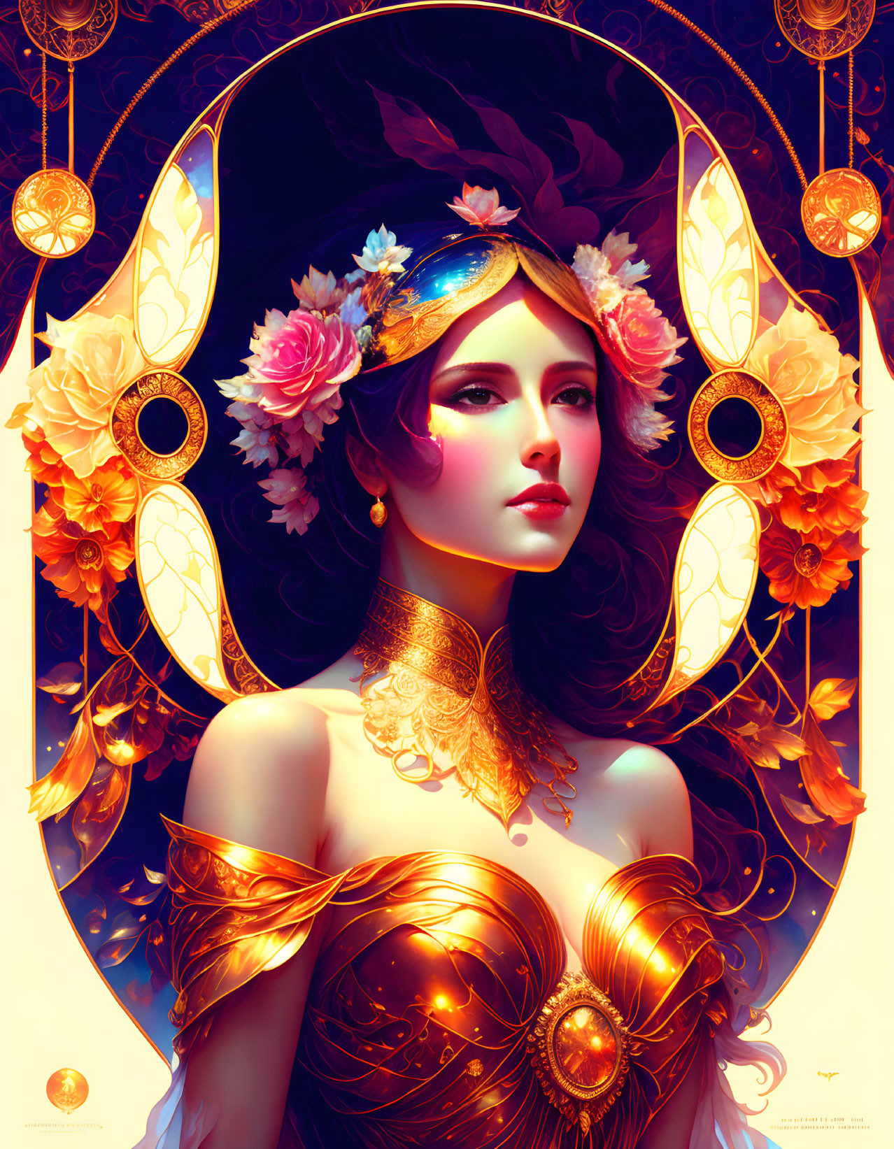 Elaborate Golden Headpiece Woman Portrait in Art Nouveau Style