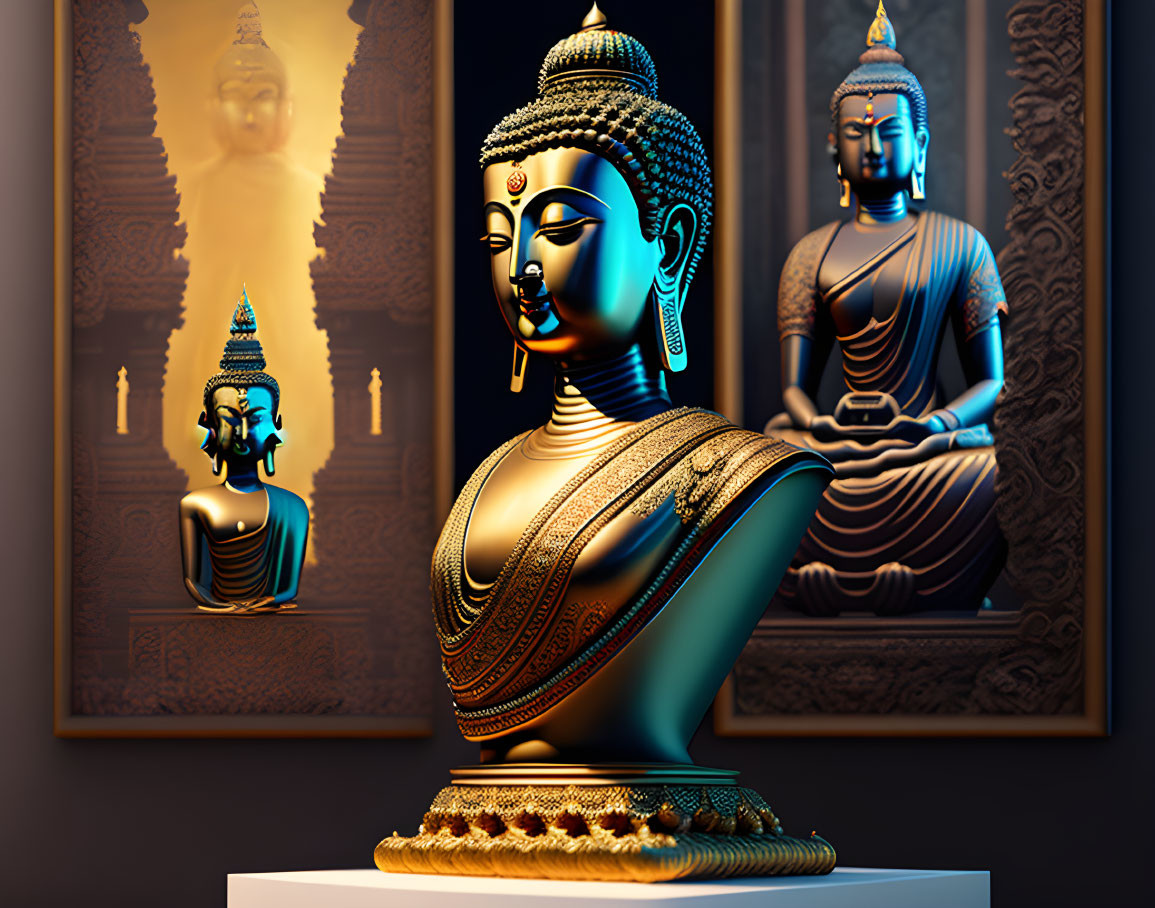 Golden Buddha Statue Flanked by Two Portraits on Dark Background