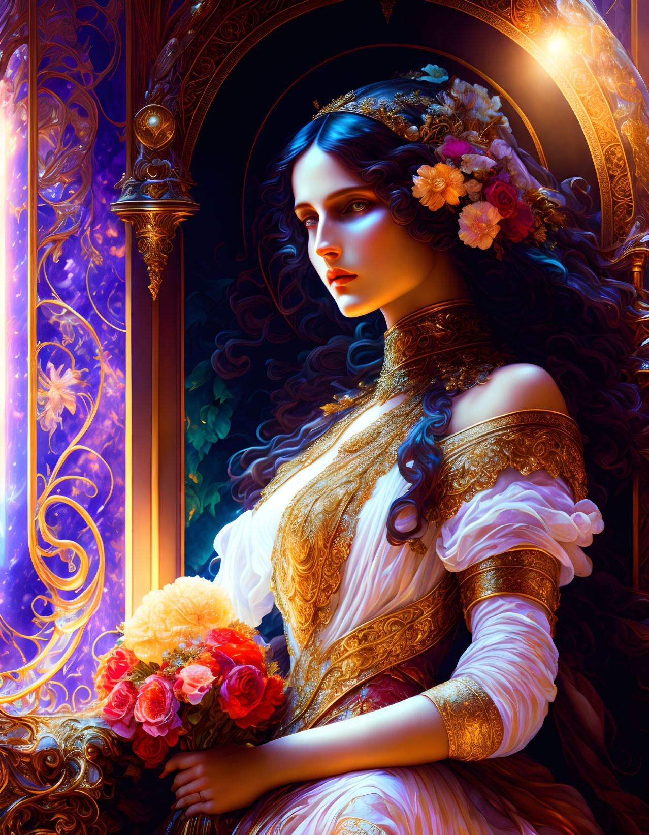 Regal woman in golden gown with flowers, framed by ornate arch with blue motifs