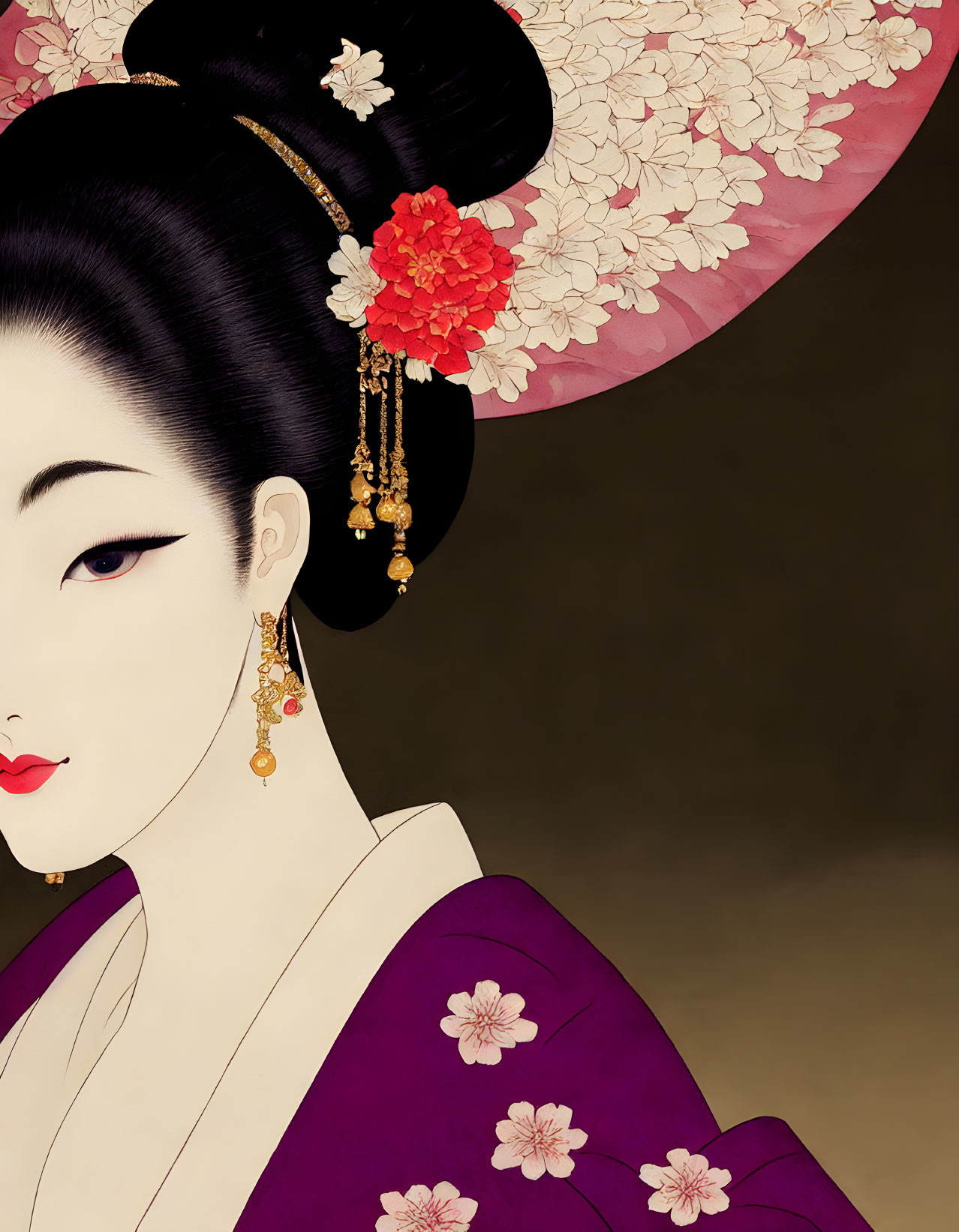 Geisha illustration with intricate hairstyle and floral jewelry on pink floral backdrop