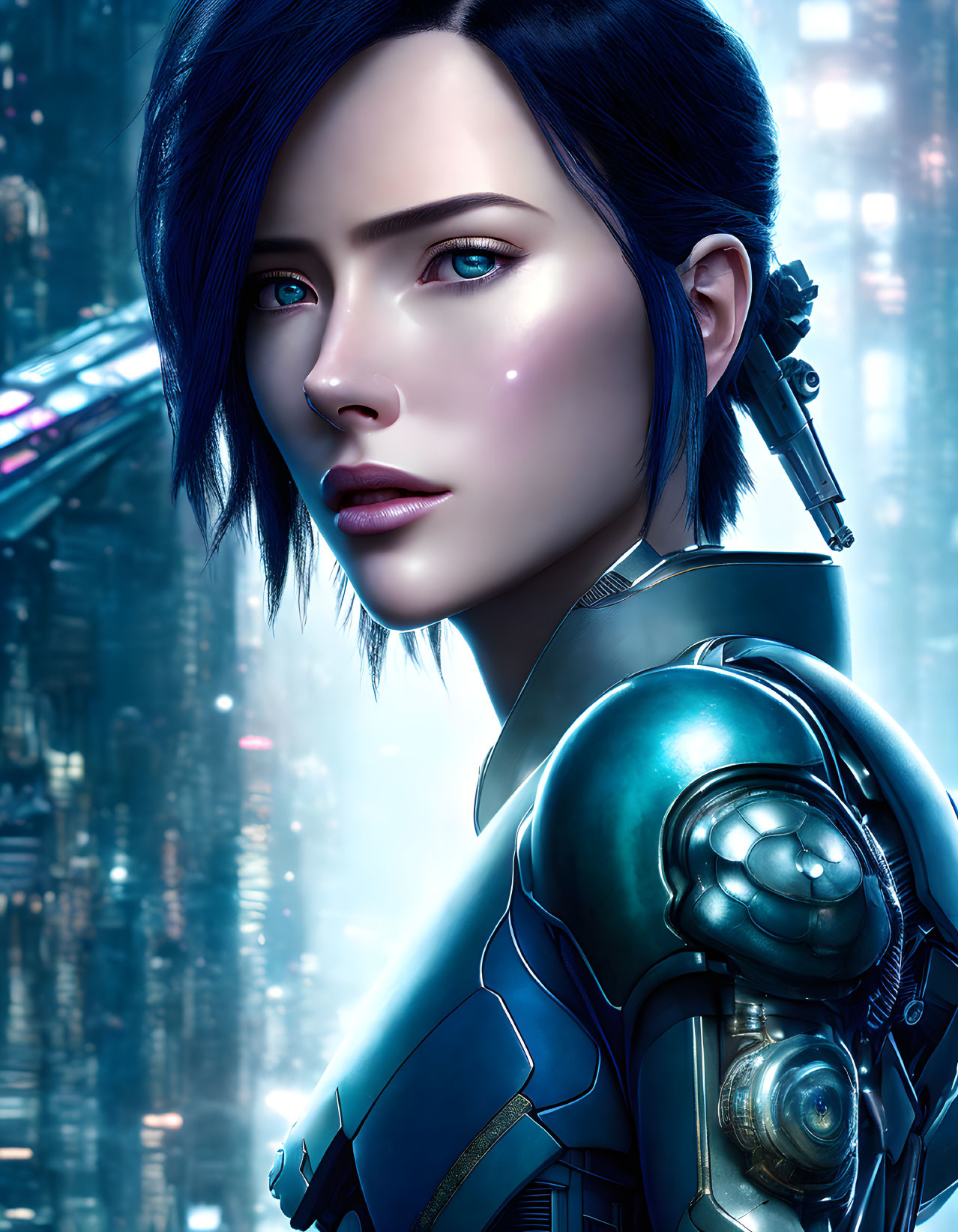 Female cyborg with blue hair in futuristic armor against neon cityscape