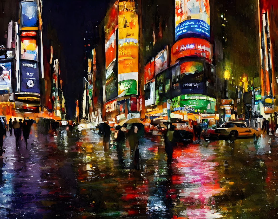 Impressionistic city street painting at night with neon signs and silhouettes