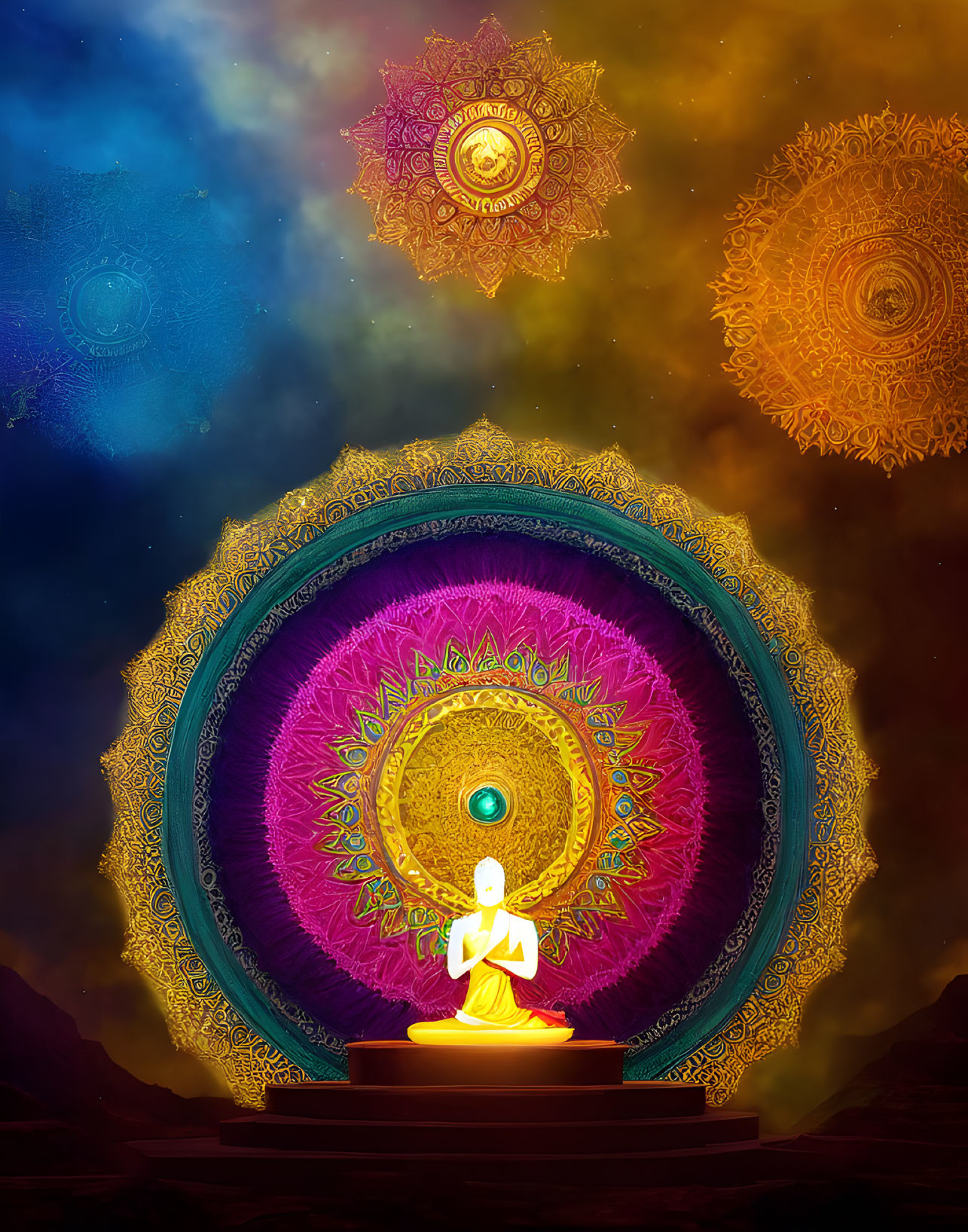 Meditating figure in yellow glow with purple mandala in starry sky