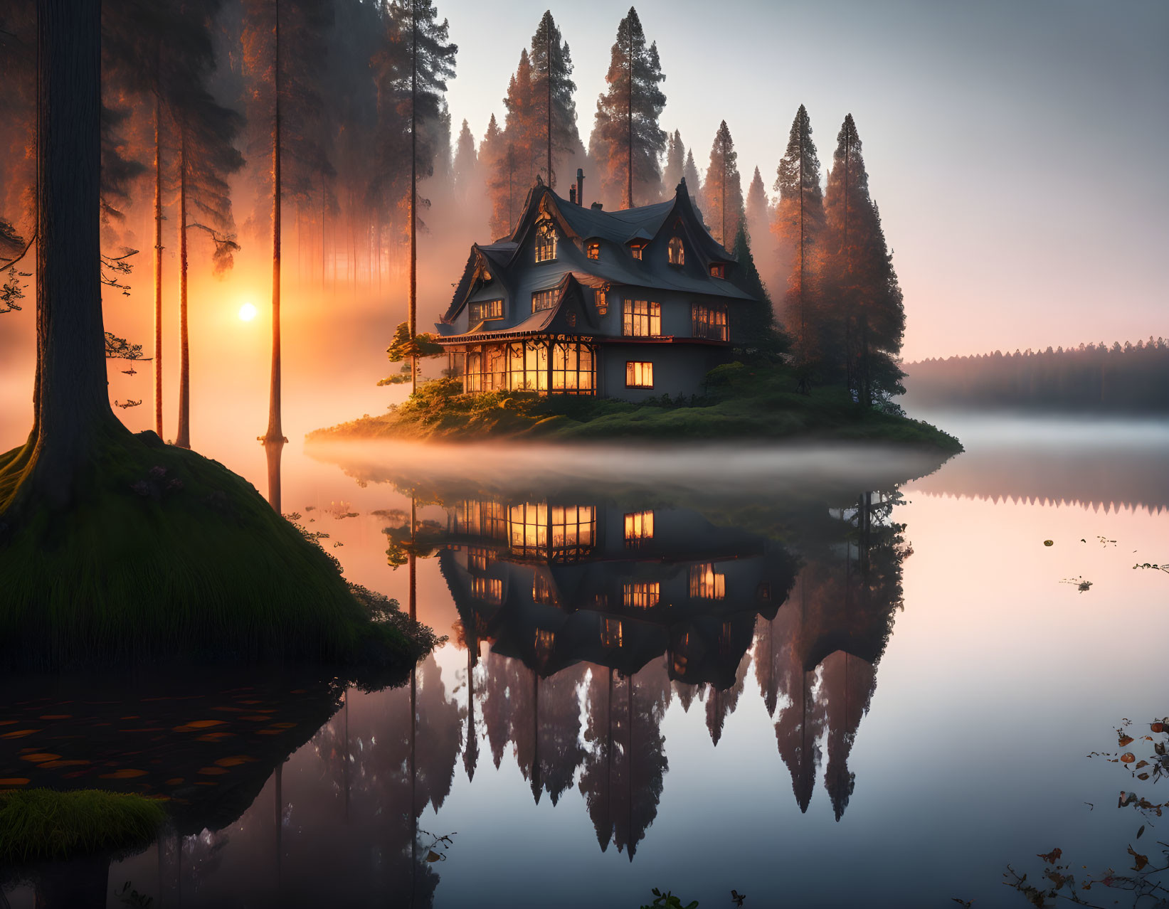Traditional house among tall pines on lake shore at twilight