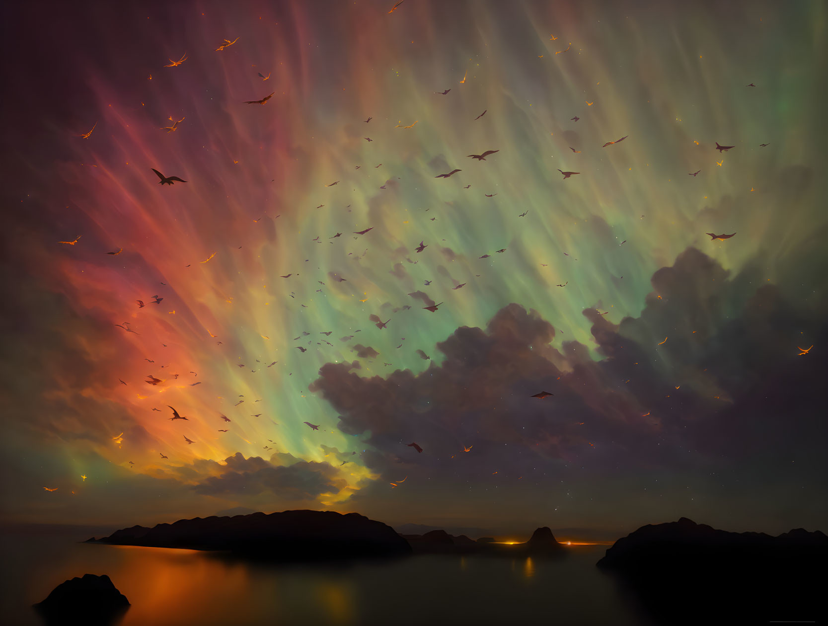 Dramatic Dusk Sky with Aurora Lights and Birds Flying over Serene Seascape