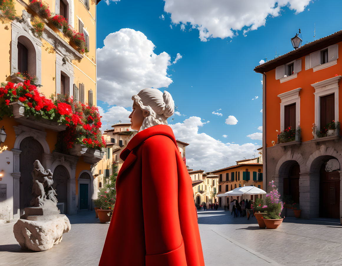 Woman in red cloak in colorful Italian square under blue sky