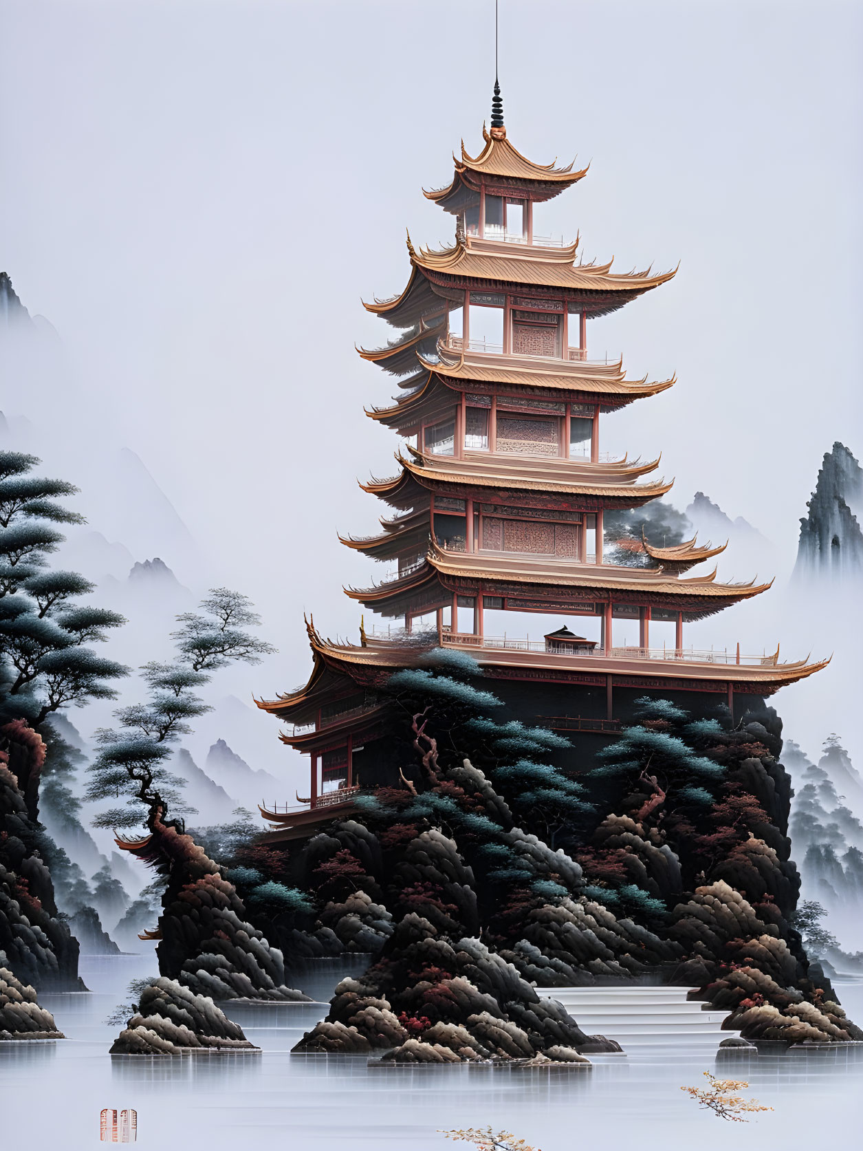 Misty Waters: Multi-Tiered Pagoda, Pine Trees & Mountains