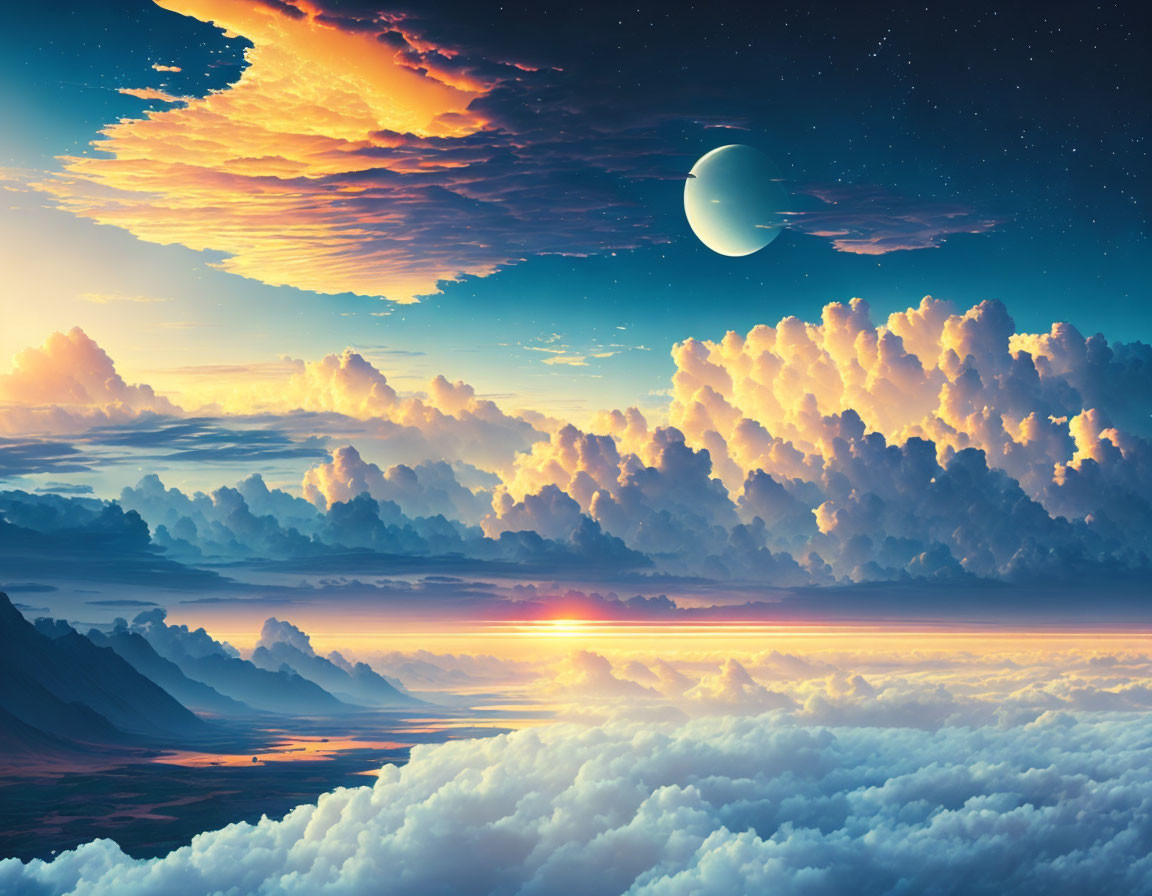 Surreal landscape with vibrant sunset, fluffy clouds, crescent moon, and misty mountains
