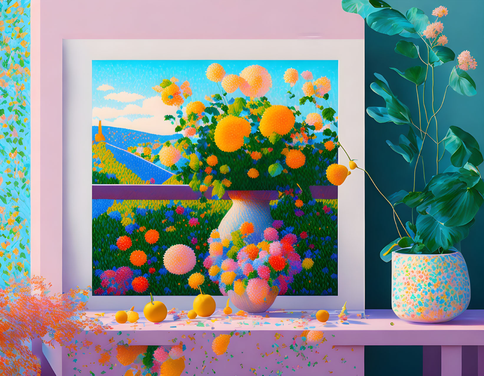 Colorful artwork of orange trees, fruits, and plant on pink and purple backdrop