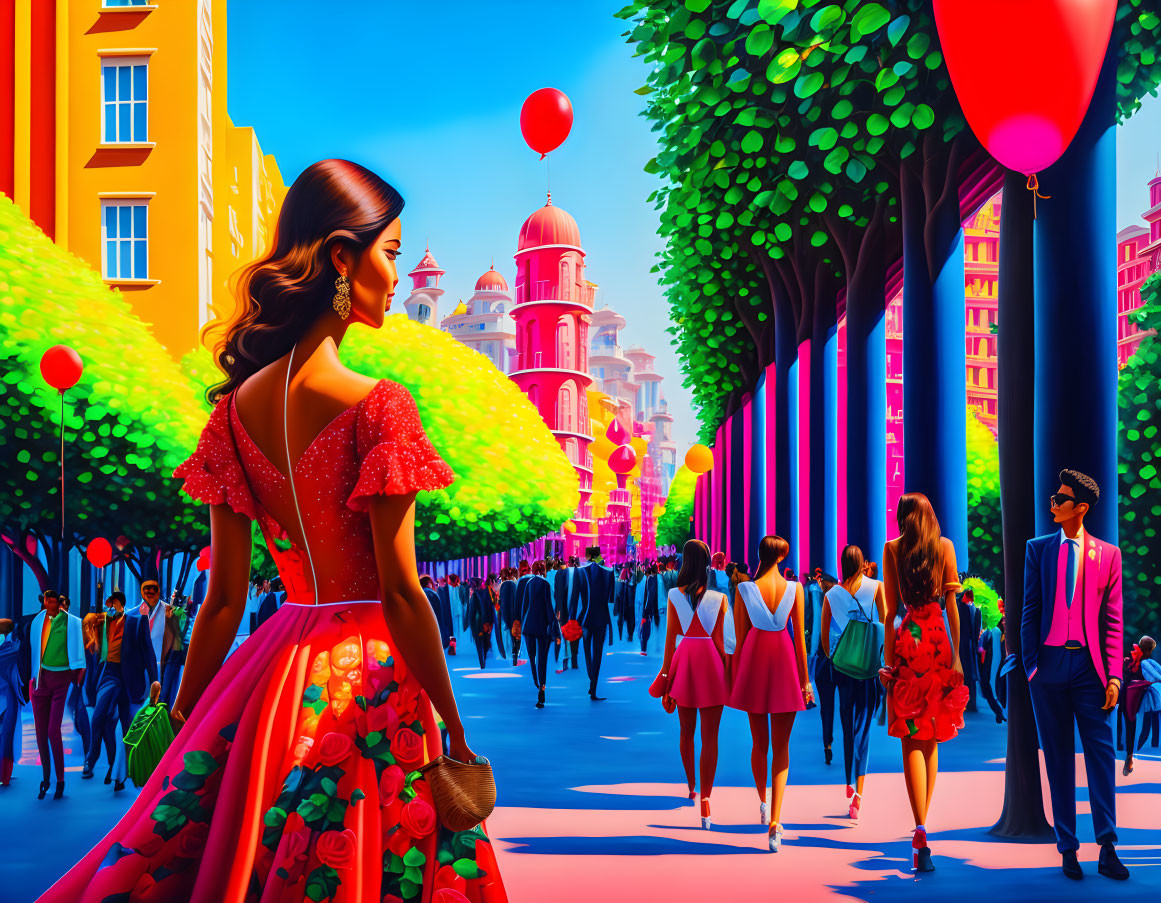 Colorful street scene with people, trees, buildings, and balloons, woman in red dress.