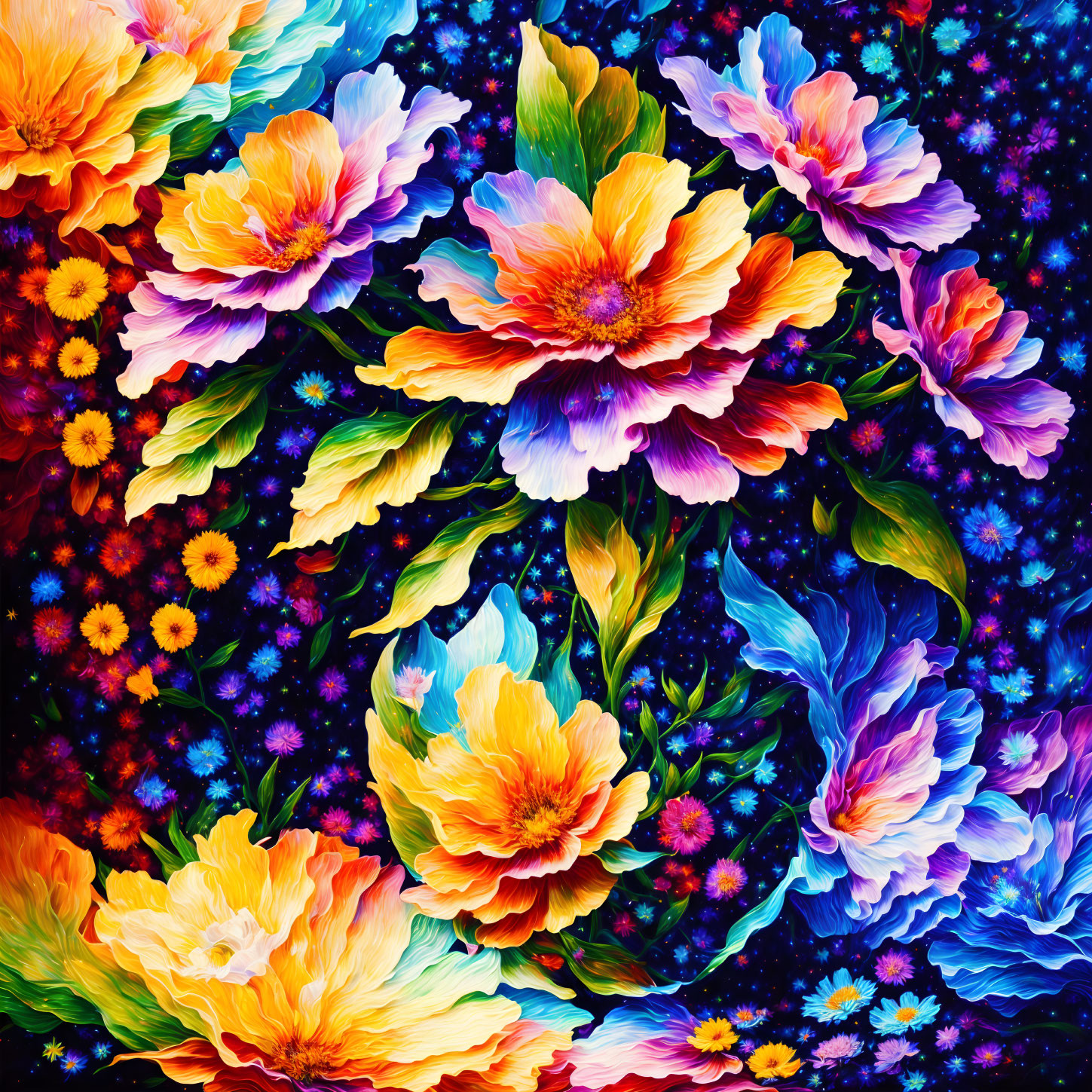 Colorful Cosmic Floral Pattern with Bright Stylized Flowers