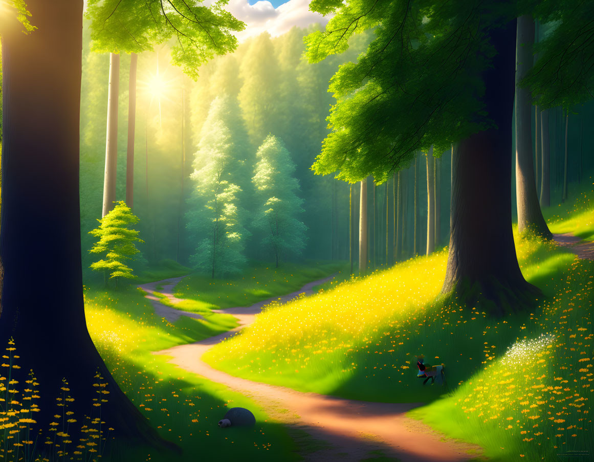 Tranquil forest path with yellow flowers, person, and dog in sunlight