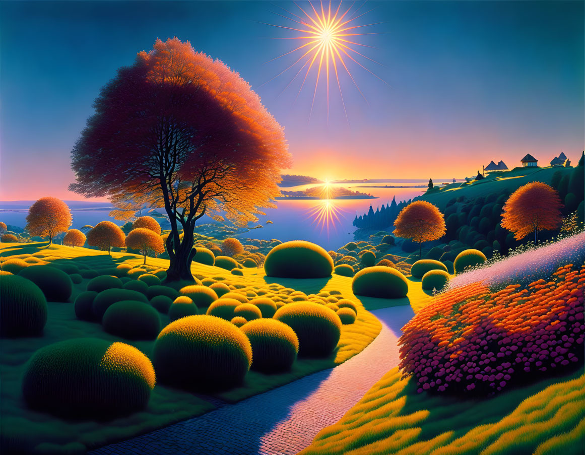 Colorful sunset landscape with starburst effect, lone tree, shrubs, path, and cottages