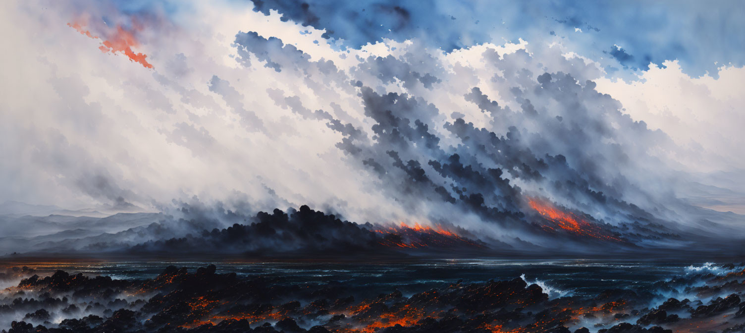 Panoramic landscape with dramatic storm clouds and fiery lava ground