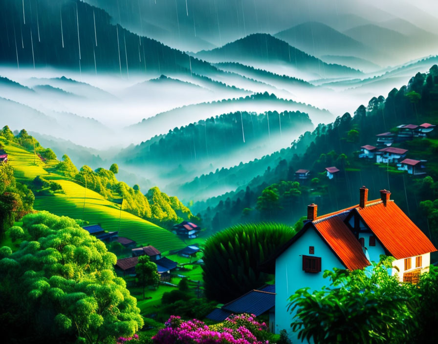 A rainy day in a mountain village