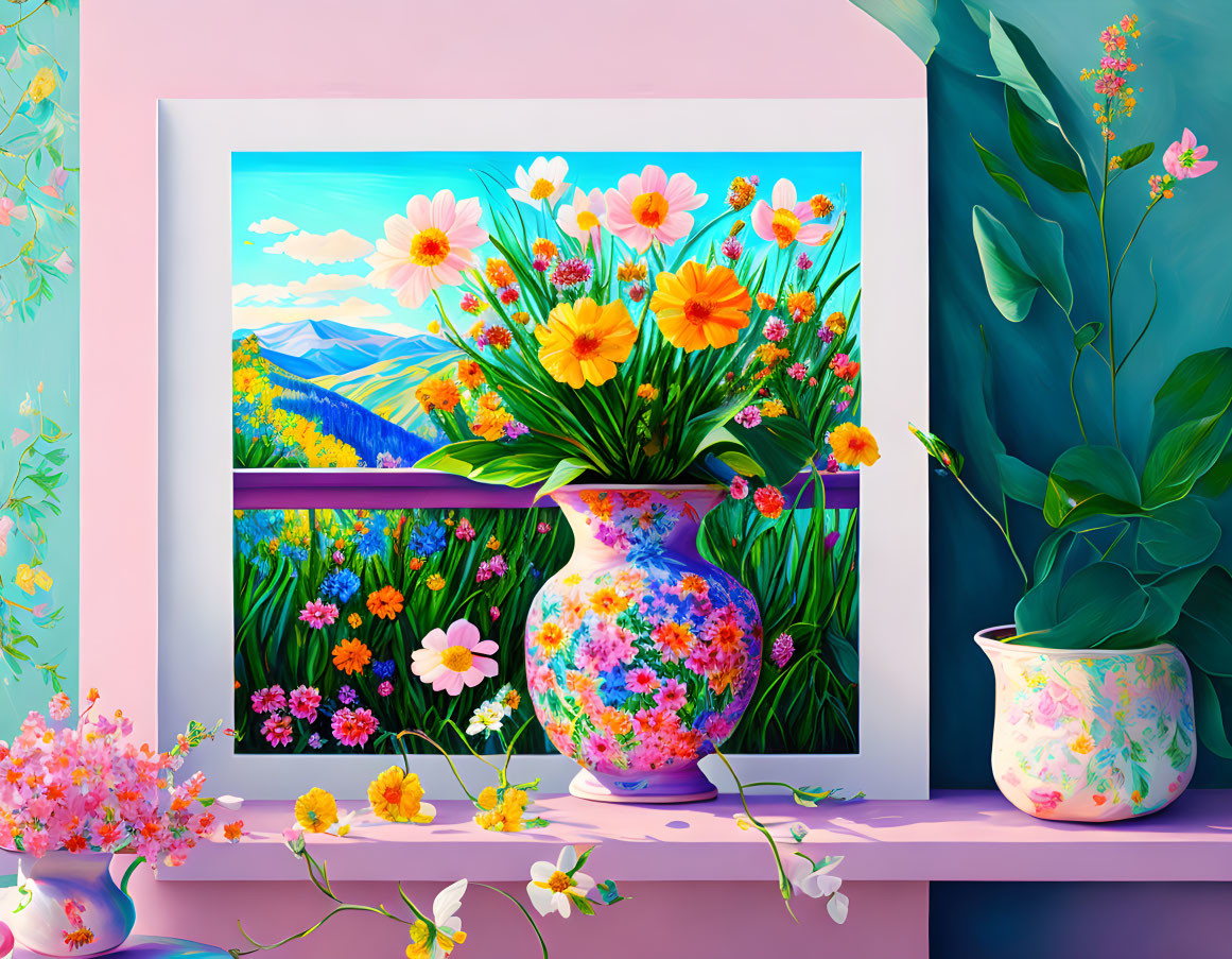 Vibrant floral vase still life painting on canvas with decorative pots and plants against pink and blue backdrop