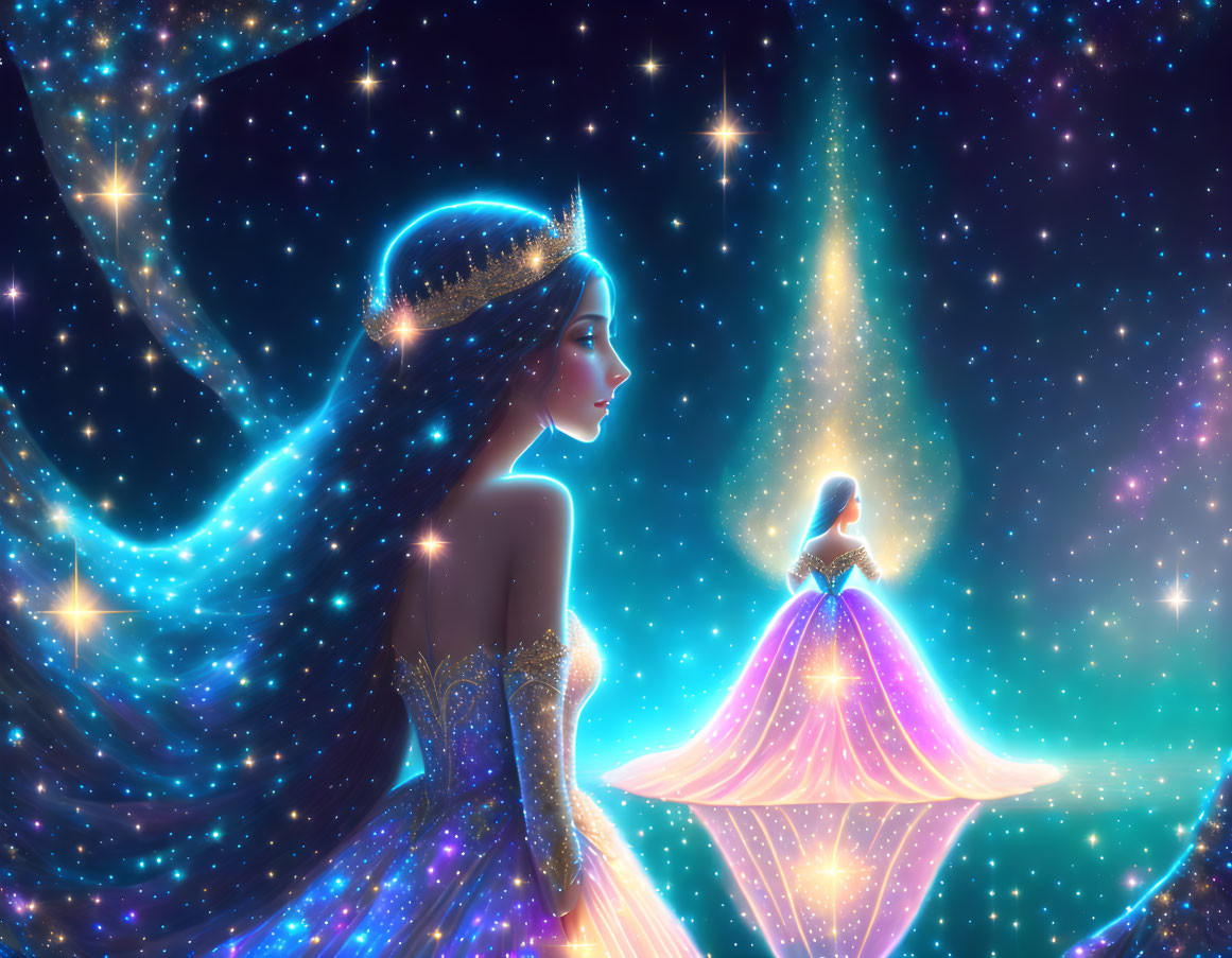 Luminous princess with sparkling hair and gown in starry sky scene