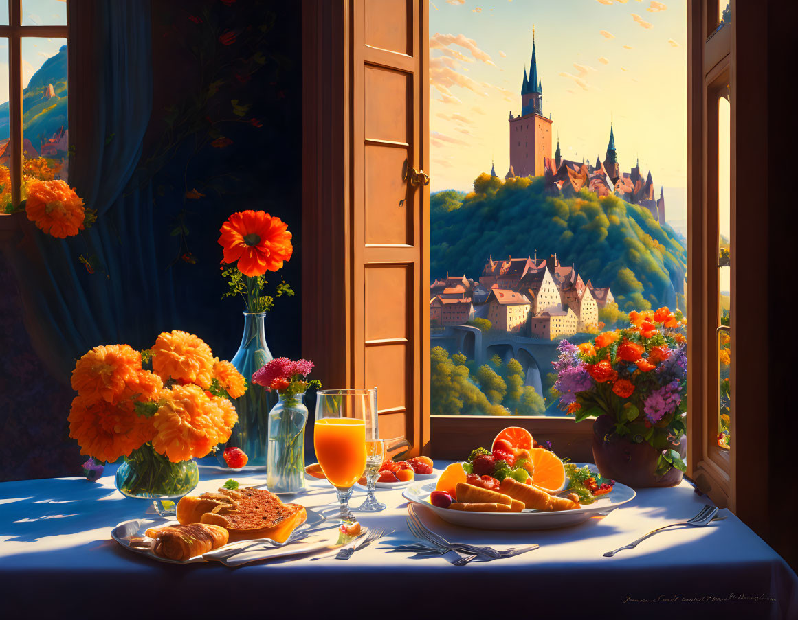 Scenic breakfast table with castle view in forest landscape