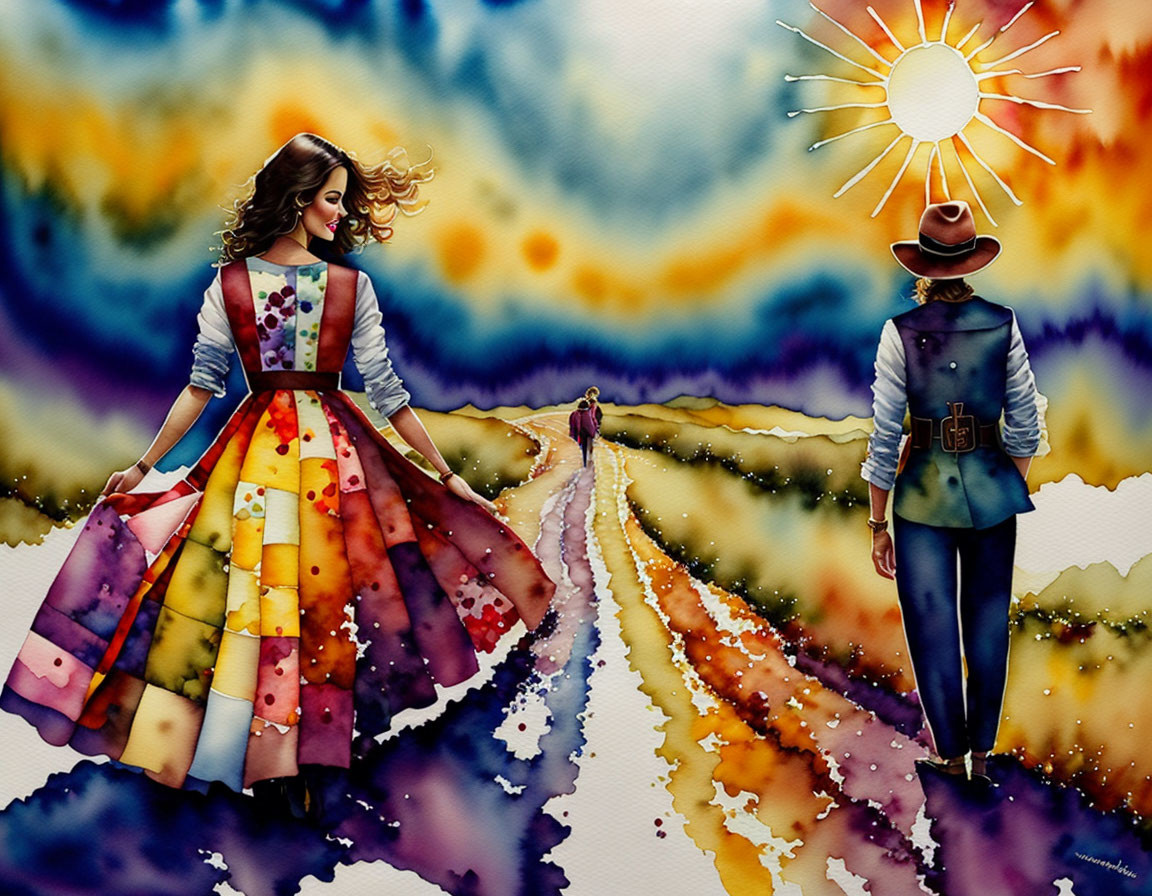 Colorful Watercolor Painting of Couple Walking Away Under Stylized Sun
