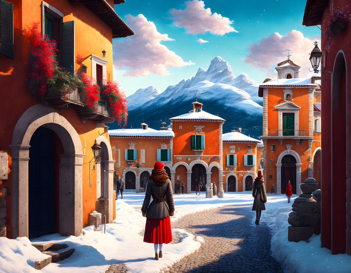 Snow-covered village with vibrant buildings and mountain backdrop