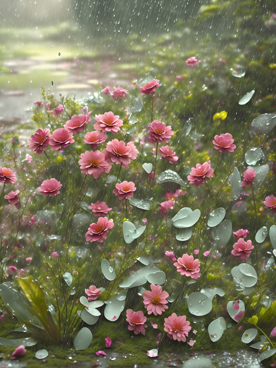 Glistening Pink Flowers and Green Leaves in Soft-focus Rain Shower
