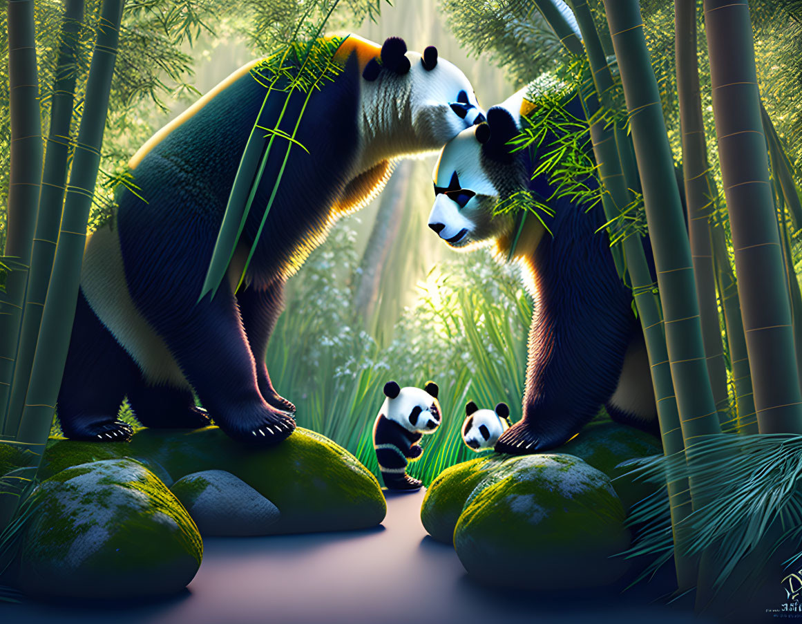 Adult pandas and cubs in bamboo forest with sunlight filtering through