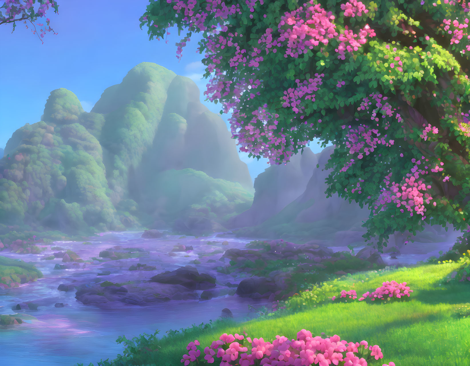 Tranquil landscape with green hills, flowing river, pink flowering trees
