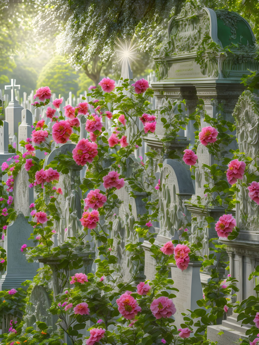 Tranquil cemetery with pink roses and ornate grave markers
